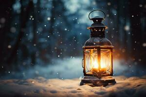 AI generated Burning Glowing lantern in winter snow Beautiful winter background AI Generated photo