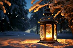 AI generated Burning Glowing lantern in winter snow Beautiful winter background AI Generated photo