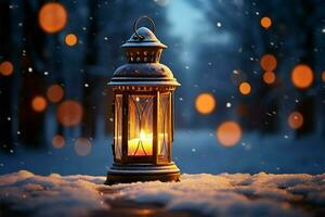 AI generated Burning Glowing lantern in winter snow Beautiful winter background AI Generated photo