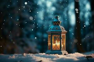 AI generated Burning Glowing lantern in winter snow Beautiful winter background AI Generated photo