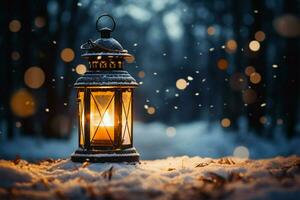 AI generated Burning Glowing lantern in winter snow Beautiful winter background AI Generated photo