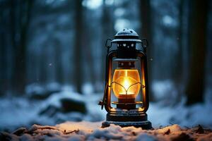 AI generated Burning Glowing lantern in winter snow Beautiful winter background AI Generated photo