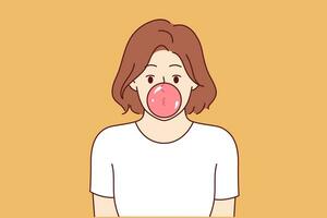 Woman inflates bubble of bubblegum and looks at screen, for concept idleness and indifference. Girl chews delicious bubblegum and is idle because of laziness or lack of motivation for self-development vector