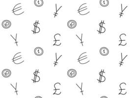 seamless black and white money doodle pattern with currencies, money of different countries vector