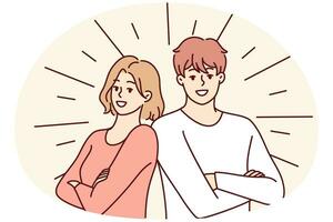Portrait of smiling couple posing together feeling positive and optimistic. Happy man and woman show leadership and success. Vector illustration.