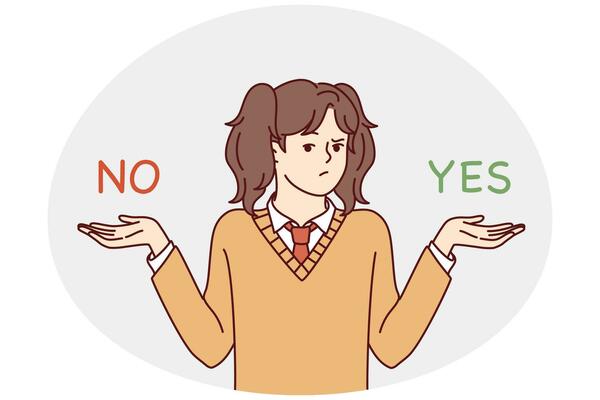 Confused millennial girl make choice between yes and no. Frustrated child feeling dilemma choosing deciding. Vector illustration.