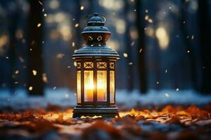 AI generated Burning Glowing lantern in winter snow Beautiful winter background AI Generated photo