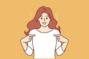 Happy woman pointing finger at t-shirt recommending good laundry detergent or bleach for clothes. Happy girl is proud of own achievements or success in career, and says yes its me. vector