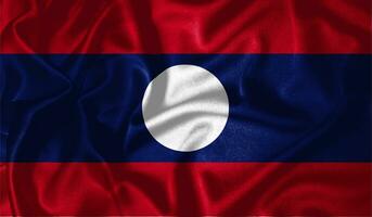 Laos flag waving fluttering in the wind with realistic texture fabric silk satin background photo