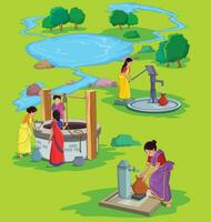 Showing women using different sources of water mainly river, well and tap vector