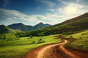 ai generado suciedad la carretera dirigir a verde montaña foto