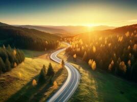 ai generado aéreo ver de montaña la carretera en bosque a puesta de sol en otoño foto