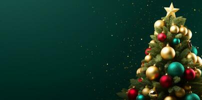 AI generated Decorated with ornaments and lights christmas tree on dark green background photo