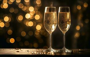 AI generated Close up of two glasses with bubbly champagne tilted to each other against a background of blurry photo