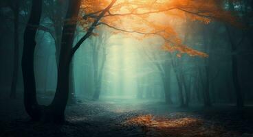 AI generated Beautiful mystical forest in blue fog in autumn colorful landscape with enchanted trees photo