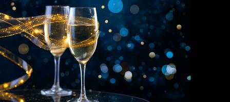 AI generated Close up of two glasses with bubbly champagne and gold ribbon on dark bokeh background photo