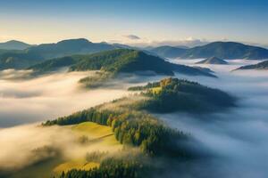 ai generado montañas en nubes a amanecer en verano aéreo ver de montaña pico con niebla foto