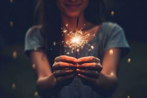 AI generated Concept of party nightlife and new year eve close up of people hands with sparklers photo
