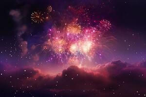 AI generated abstract gold and purple glitter background with fireworks christmas eve 4th of july holiday photo