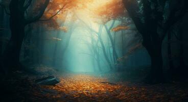 AI generated Beautiful mystical forest in blue fog in autumn colorful landscape with enchanted trees photo