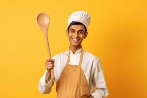 AI generated Smiling Chef Holding a Wooden Spoon photo