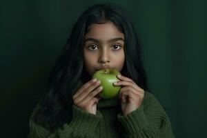 ai generado un joven niña en un verde suéter comiendo un manzana foto