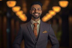 AI generated a young, smiling businessman dressed in a suit and an orange tie. He is standing in a tunnel or a corridor, exuding a positive and confident vibe. photo