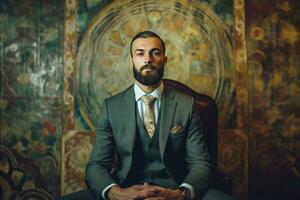 AI generated a man in a suit sitting in a chair, exuding a sense of confidence and professionalism. The man's attire includes a tie and a well-fitted suit, suggesting that he is attending a formal event or contributing to a sophisticated setting. photo