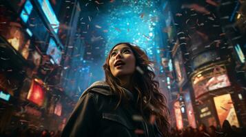 AI generated A girl immersed in the nightlife and festive atmosphere photo