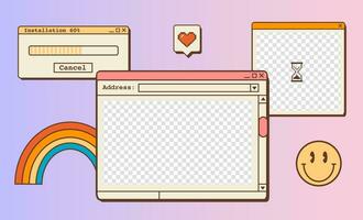 Retro vaporwave desktop wallpaper template. Abstract vintage aesthetic background. 80s 90s old computer user interface dialog windows. Nostalgic retro computer ui. Vintage browser. Vector illustration