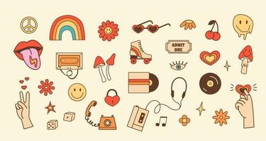 Retro set of stickers with 70s 80s style elements. Cartoon daisy flower with smiley face. Old fashioned roller skate, music devices and hand gestures. Hippie vintage outline color icons. Vector. vector