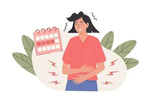 doloroso menstruación concepto de moda plano ilustración. útero inflamación, endometriosis. joven hembra teniendo un abdominal dolor composición con menstrual calendario. mensual mujer ciclo. ginecología. vector