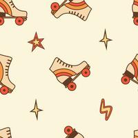 Retro roller skates with stars in comic style. Vintage background with rollerblades. Cartoon seamless pattern with 70s 80s inspired nostalgia inline skating boots. Vector illustration.