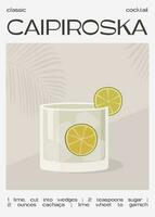 Caipiroska Cocktail garnished with slice of lime. Summer aperitif trendy poster. Minimalist print with alcoholic beverage on background with palm shadow. Vector flat illustration.