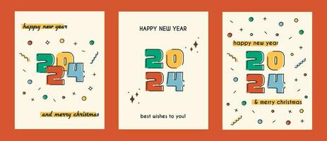 Set of 2024 Happy New Year posters and Merry Christmas flyers. Banner with colorful numbers and abstract geometric pattern. Celebration and holiday event in retro style. Vector illustration.