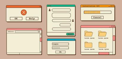 Vector set of 90s old computer user interface elements. Nostalgic retro operation system, vintage aesthetic dialog windows and browser template. Vaporwave and retrowave style. Vector Illustration.