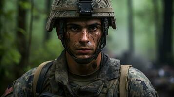 ai generado retrato de un soldado en un guerra foto