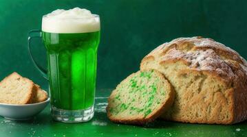 AI generated St. Patricks Day, traditional treats, Irish Soda Bread and green beer photo