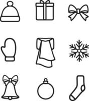 Christmas design elements line icon. Jingle bell with bow, ball, gift box, snowflake, cap, sock, mitten, scarf. Holiday accessories set. Happy New Year vector illustration.