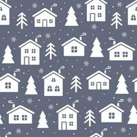 Seamless pattern with Christmas houses and fir trees in winter. Festive background. Happy New Year vector illustration.