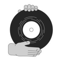 Record vinyl holding cartoon human hands outline illustration. Showing disc 2D isolated black and white vector image. Gramophone disk. Nostalgic music analog flat monochromatic drawing clip art