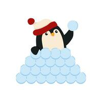 Cute cartoon style vector illustration of a penguin playing snowballs. Christmas animal.