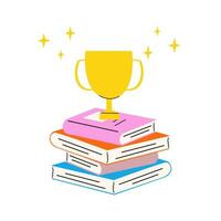 An illustration of a golden trophy standing on a stack of books. Book reading challenge concept. vector