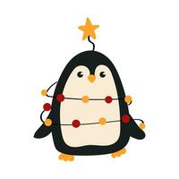 Cute cartoon style penguin rolled in Christmas lights. vector