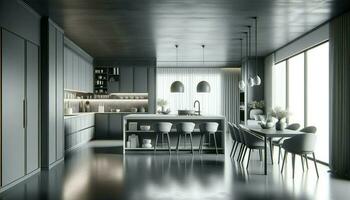 AI generated a modern kitchen with a large island and a dining table. AI Generated photo