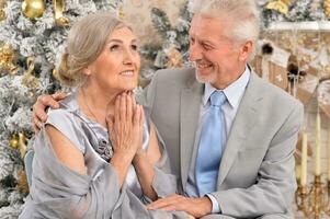 Hugging senior couple smile on blurred background photo