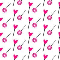 Heart shape lollipop and swirls lollipop seamless pattern. Hand drawn sweet lollipops for Valentine day. Wrap with heart shape lollipop icon on seamless pattern for Valentine day, New Year, Easter vector
