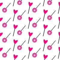 Heart shape lollipop and swirls lollipop seamless pattern. Hand drawn sweet lollipops for Valentine day. Wrap with heart shape lollipop icon on seamless pattern for Valentine day, New Year, Easter vector