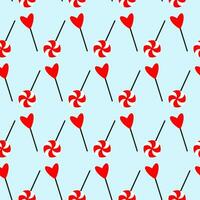 Red lollipops seamless pattern for Valentine day. Doodle pattern wrap for Valentine day with heart lollipop. Doodle lollipops icons on wrap for Valentine day, Xmas, Easter. Doodle heart lollipop wrap vector
