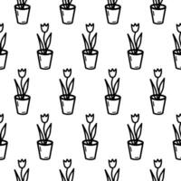 Tulip in pot seamless pattern. Doodle tulip in pot outline pattern. Cartoon Tulip in pot wrapper, wallpaper for gift, restaurant, textile decoration. Floral pattern outline adult coloring page vector